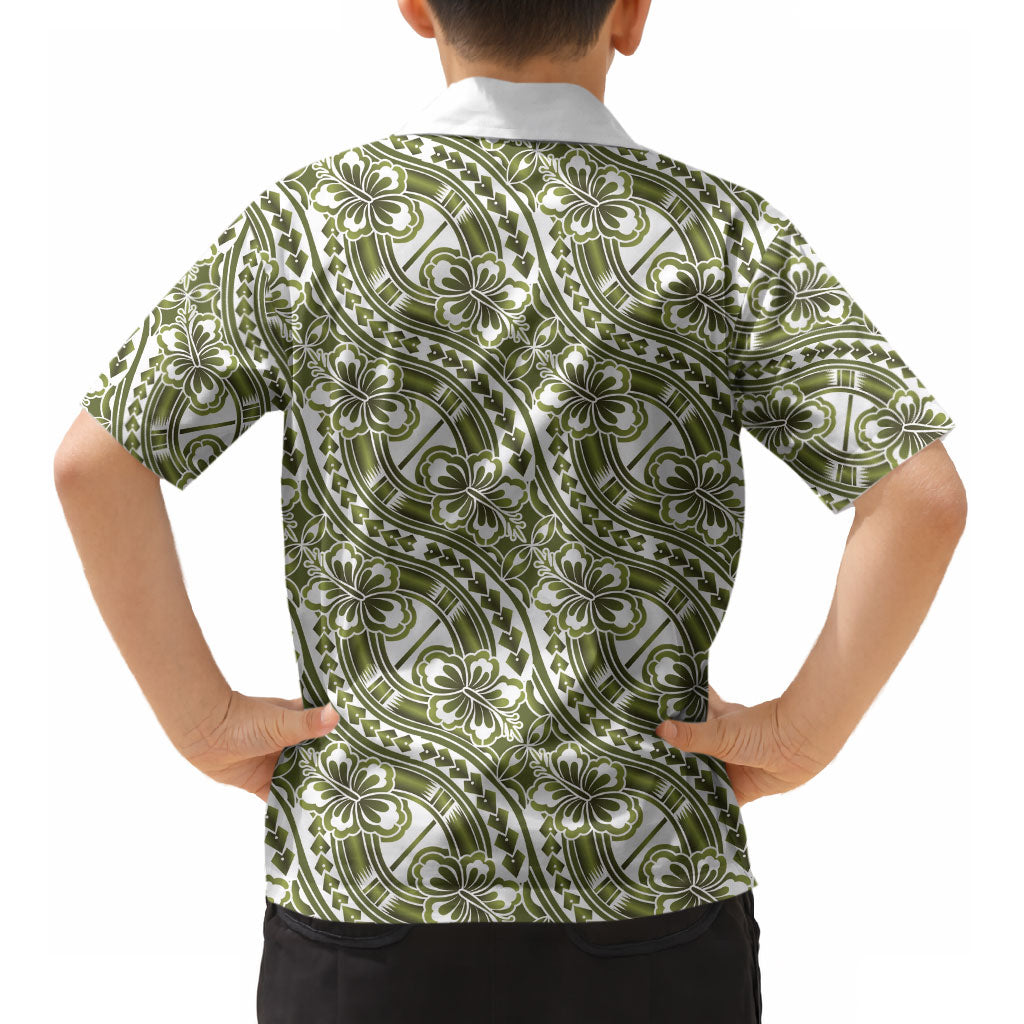 Hibiscus Bloom Island Tribal Waves Kid Hawaiian Shirt Olive Green Polynesian Pattern LT01 - Polynesian Pride
