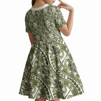 Hibiscus Bloom Island Tribal Waves Kid Short Sleeve Dress Olive Green Polynesian Pattern LT01 - Polynesian Pride