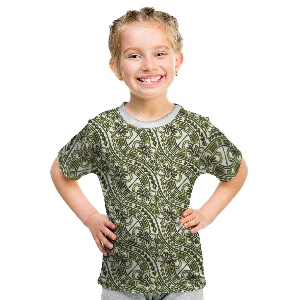Hibiscus Bloom Island Tribal Waves Kid T Shirt Olive Green Polynesian Pattern