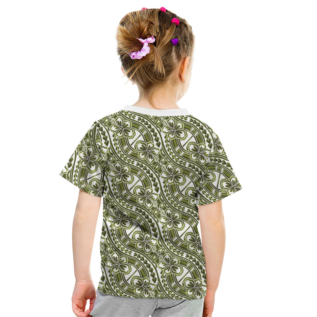 Hibiscus Bloom Island Tribal Waves Kid T Shirt Olive Green Polynesian Pattern LT01 - Polynesian Pride
