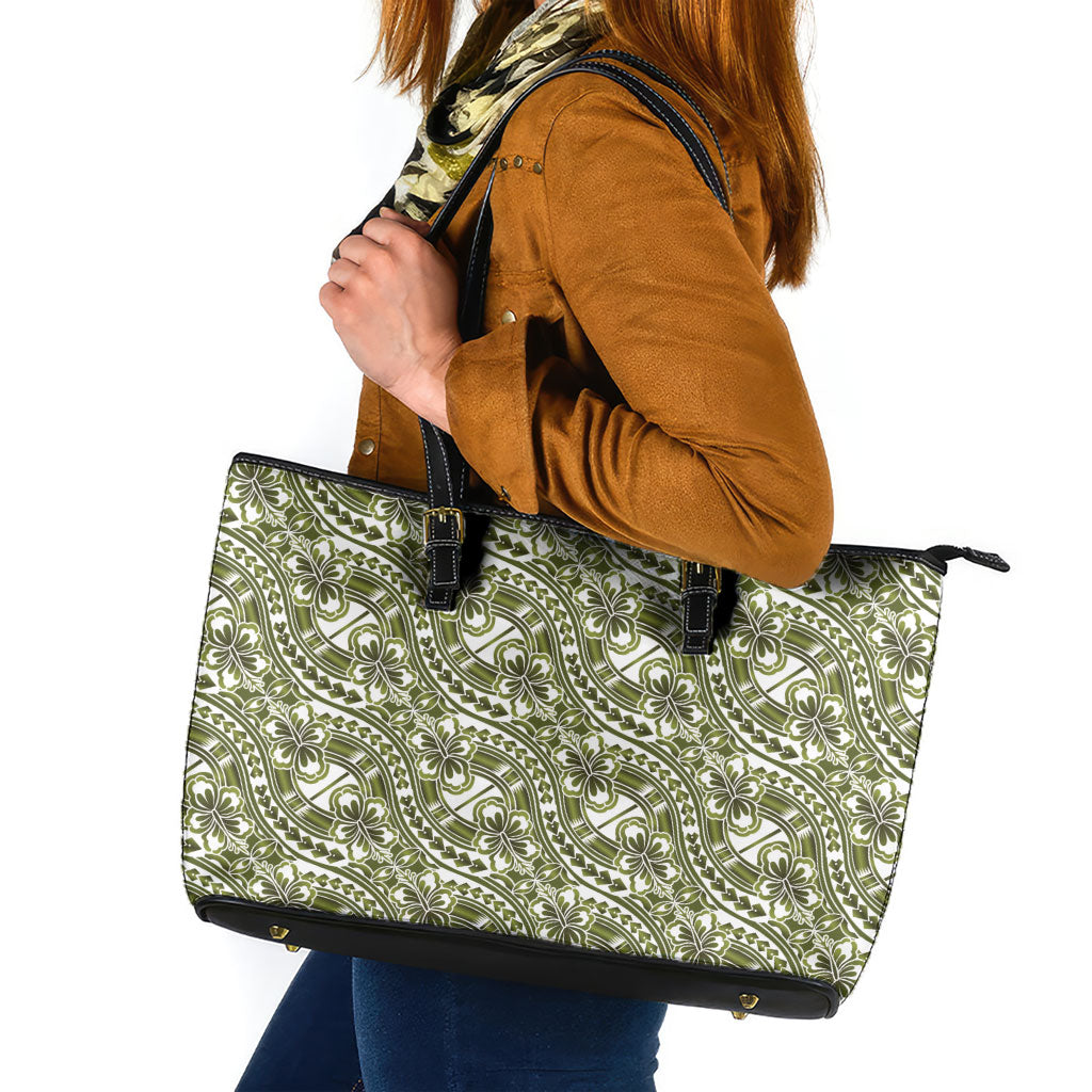 Hibiscus Bloom Island Tribal Waves Leather Tote Bag Olive Green Polynesian Pattern LT01 Olive Green - Polynesian Pride