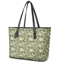 Hibiscus Bloom Island Tribal Waves Leather Tote Bag Olive Green Polynesian Pattern LT01 - Polynesian Pride