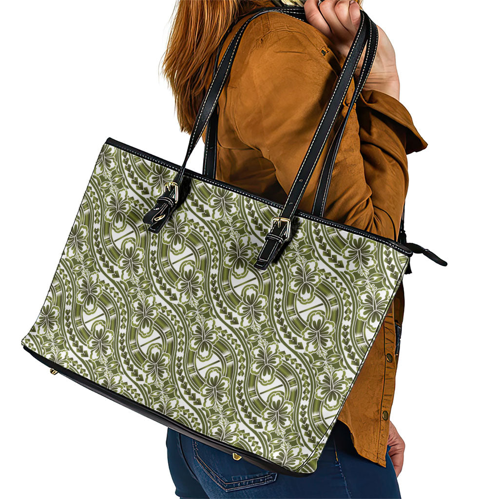 Hibiscus Bloom Island Tribal Waves Leather Tote Bag Olive Green Polynesian Pattern LT01 - Polynesian Pride
