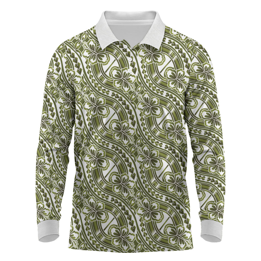 Hibiscus Bloom Island Tribal Waves Long Sleeve Polo Shirt Olive Green Polynesian Pattern LT01 Olive Green - Polynesian Pride