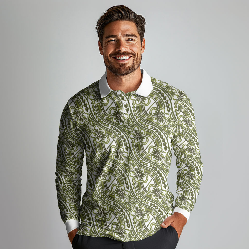 Hibiscus Bloom Island Tribal Waves Long Sleeve Polo Shirt Olive Green Polynesian Pattern LT01 - Polynesian Pride