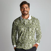 Hibiscus Bloom Island Tribal Waves Long Sleeve Polo Shirt Olive Green Polynesian Pattern LT01 - Polynesian Pride