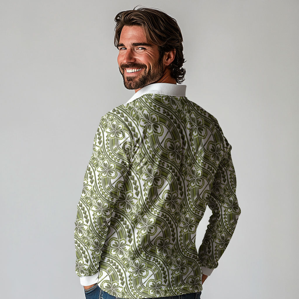 Hibiscus Bloom Island Tribal Waves Long Sleeve Polo Shirt Olive Green Polynesian Pattern LT01 - Polynesian Pride