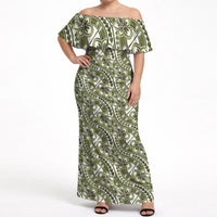 Hibiscus Bloom Island Tribal Waves Off Shoulder Maxi Dress Olive Green Polynesian Pattern LT01 Women Olive Green - Polynesian Pride