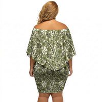 Hibiscus Bloom Island Tribal Waves Off Shoulder Short Dress Olive Green Polynesian Pattern LT01 - Polynesian Pride