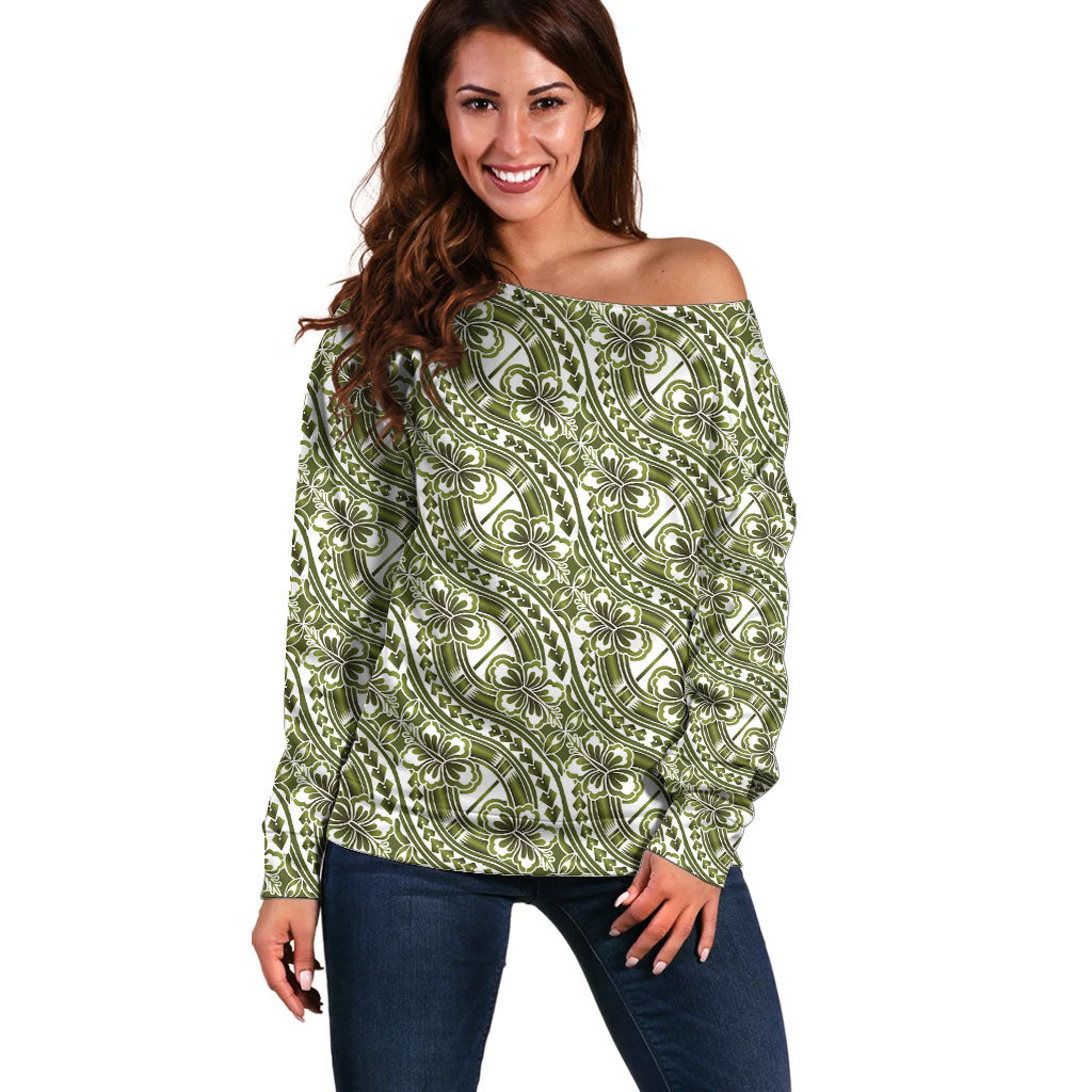 Hibiscus Bloom Island Tribal Waves Off Shoulder Sweater Olive Green Polynesian Pattern LT01 Women Olive Green - Polynesian Pride
