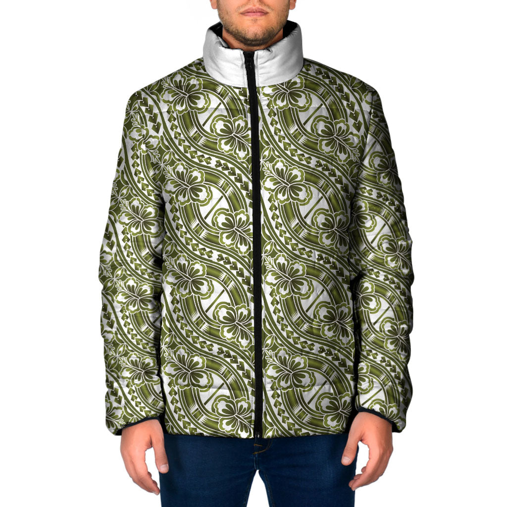 Hibiscus Bloom Island Tribal Waves Padded Jacket Olive Green Polynesian Pattern