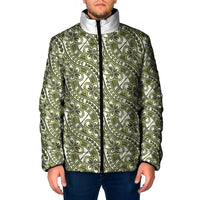 Hibiscus Bloom Island Tribal Waves Padded Jacket Olive Green Polynesian Pattern