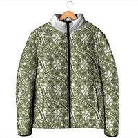 Hibiscus Bloom Island Tribal Waves Padded Jacket Olive Green Polynesian Pattern