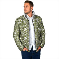 Hibiscus Bloom Island Tribal Waves Padded Jacket Olive Green Polynesian Pattern