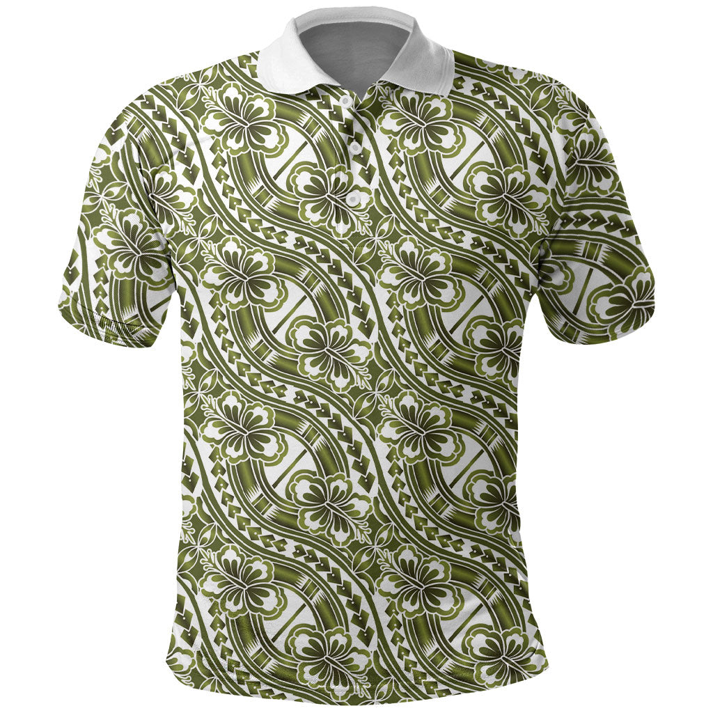 Hibiscus Bloom Island Tribal Waves Polo Shirt Olive Green Polynesian Pattern LT01 Olive Green - Polynesian Pride