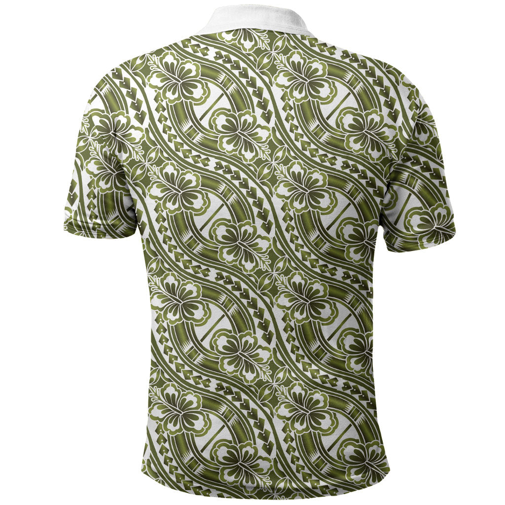 Hibiscus Bloom Island Tribal Waves Polo Shirt Olive Green Polynesian Pattern LT01 - Polynesian Pride
