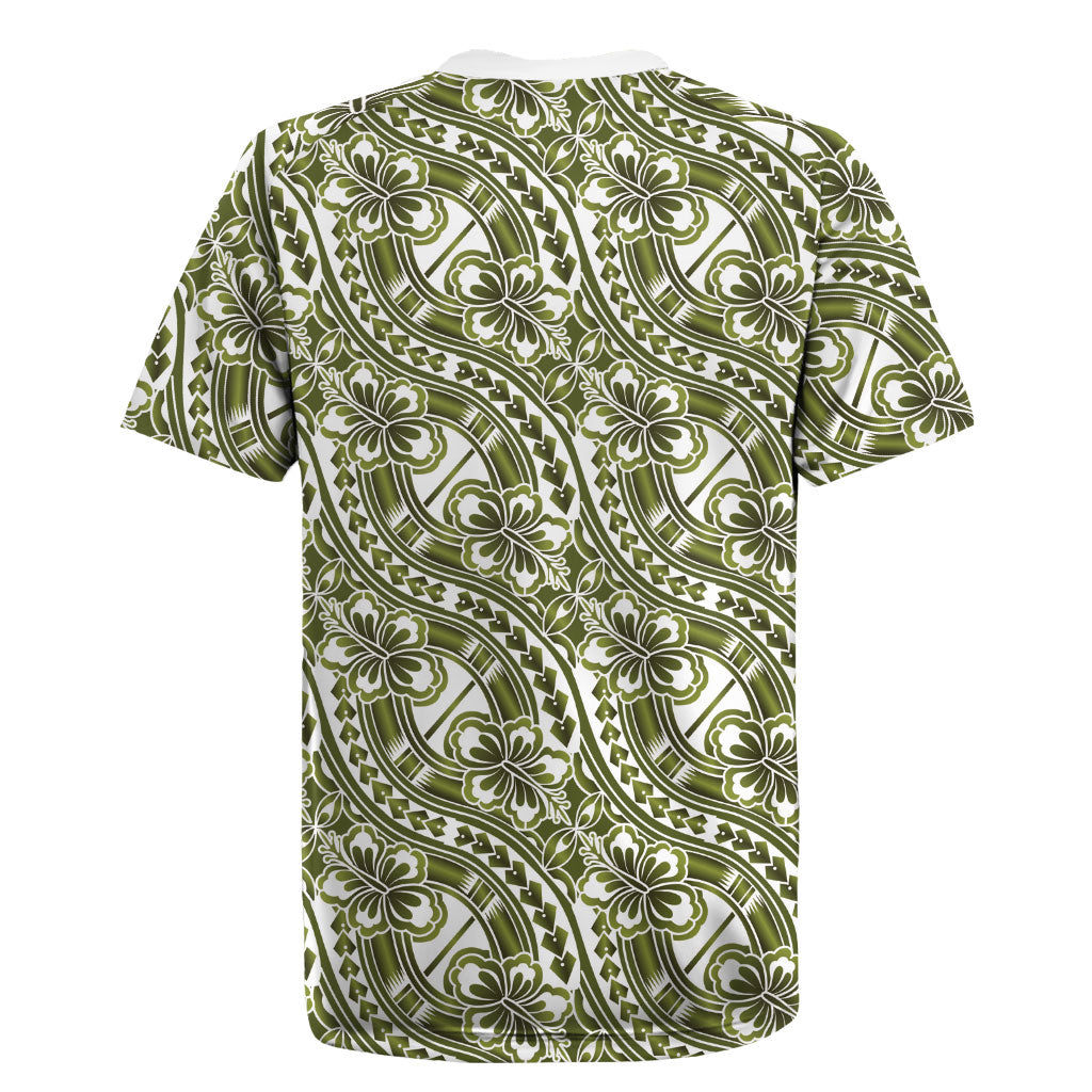 Hibiscus Bloom Island Tribal Waves Rugby Jersey Olive Green Polynesian Pattern LT01 - Polynesian Pride