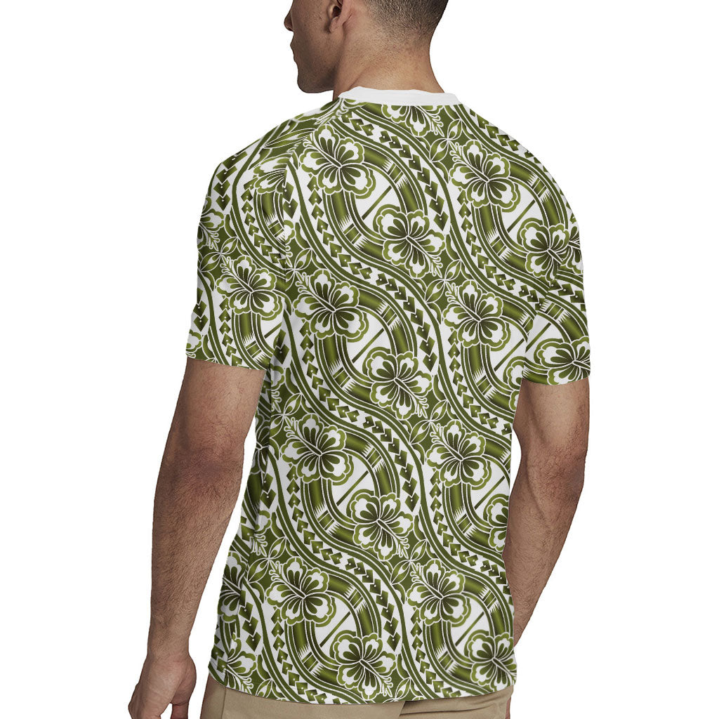 Hibiscus Bloom Island Tribal Waves Rugby Jersey Olive Green Polynesian Pattern LT01 - Polynesian Pride