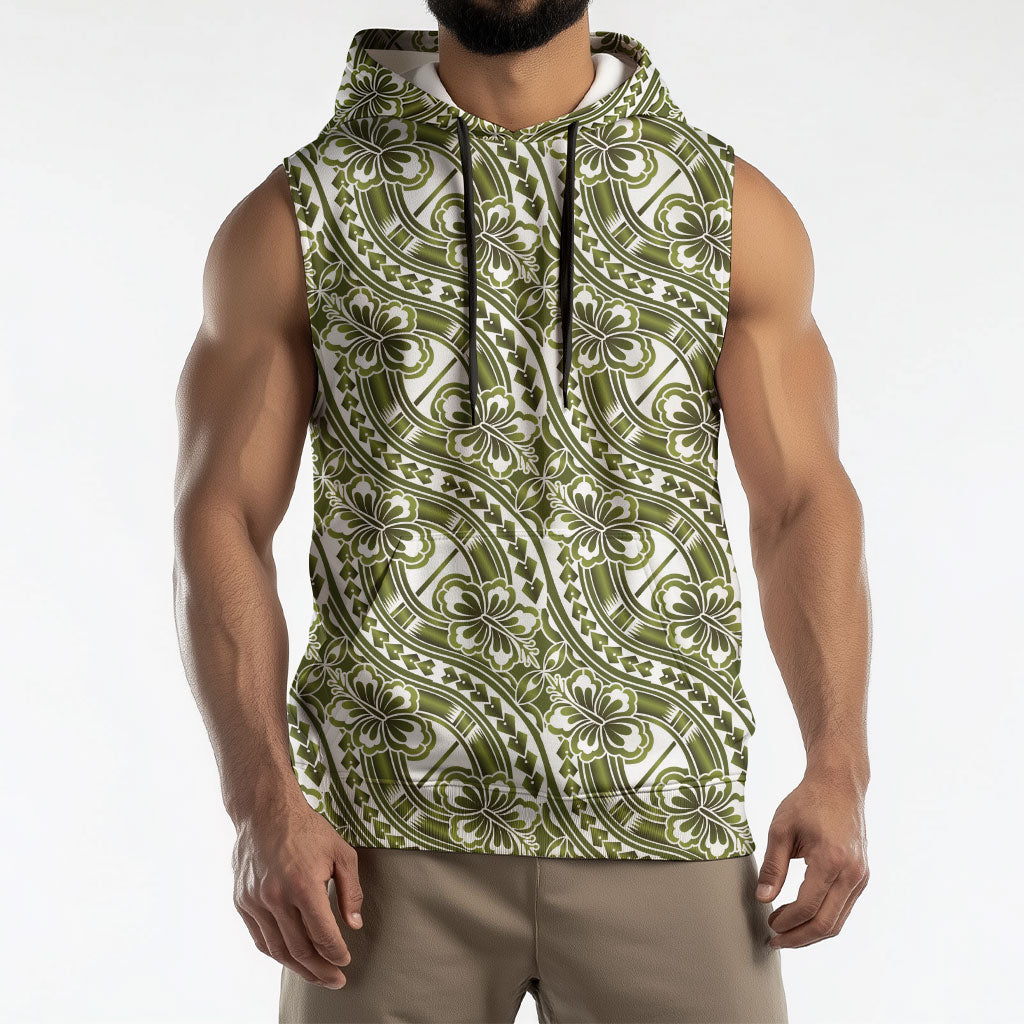 Hibiscus Bloom Island Tribal Waves Sleeveless Hoodie Olive Green Polynesian Pattern LT01 - Polynesian Pride