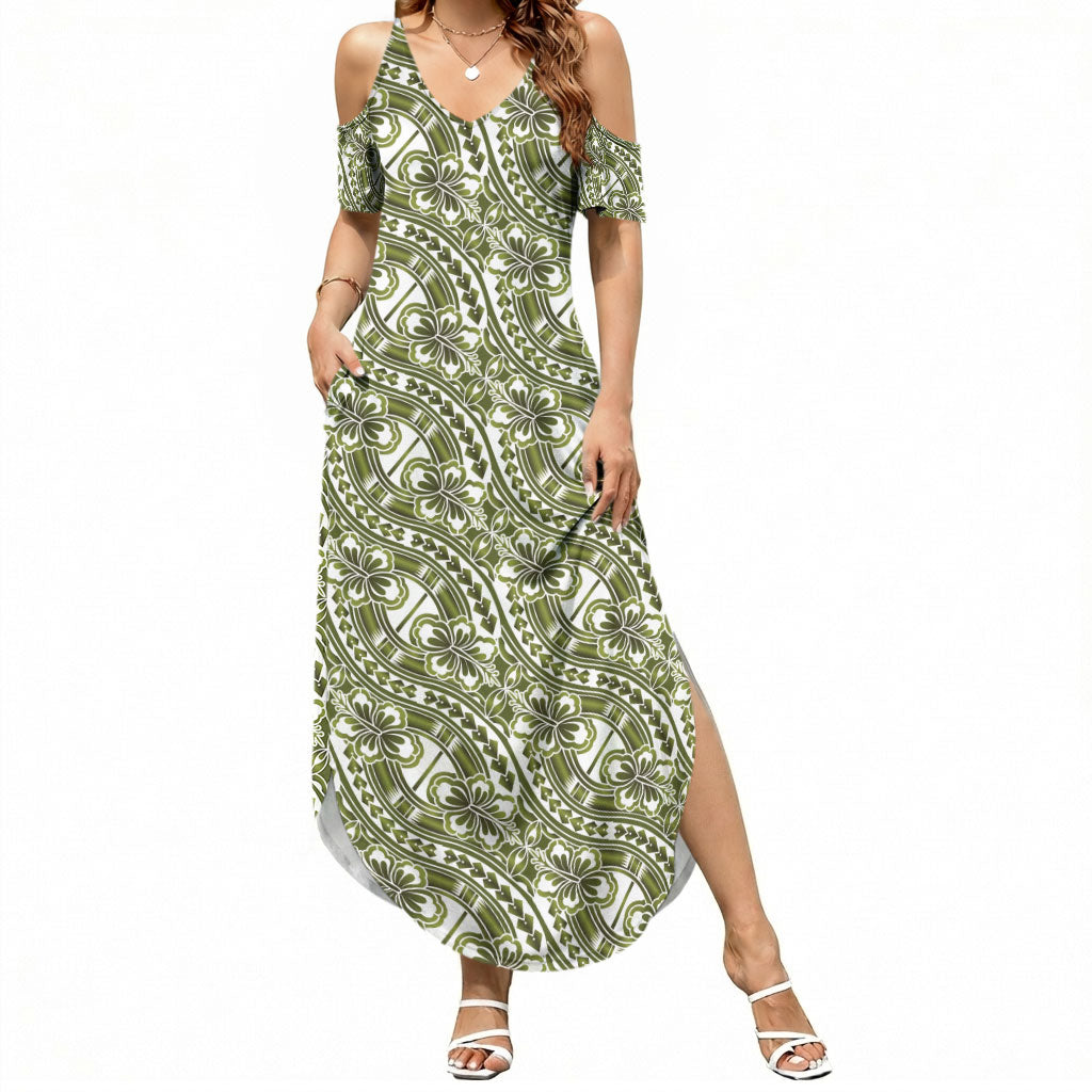 Hibiscus Bloom Island Tribal Waves Summer Maxi Dress Olive Green Polynesian Pattern LT01 Women Olive Green - Polynesian Pride