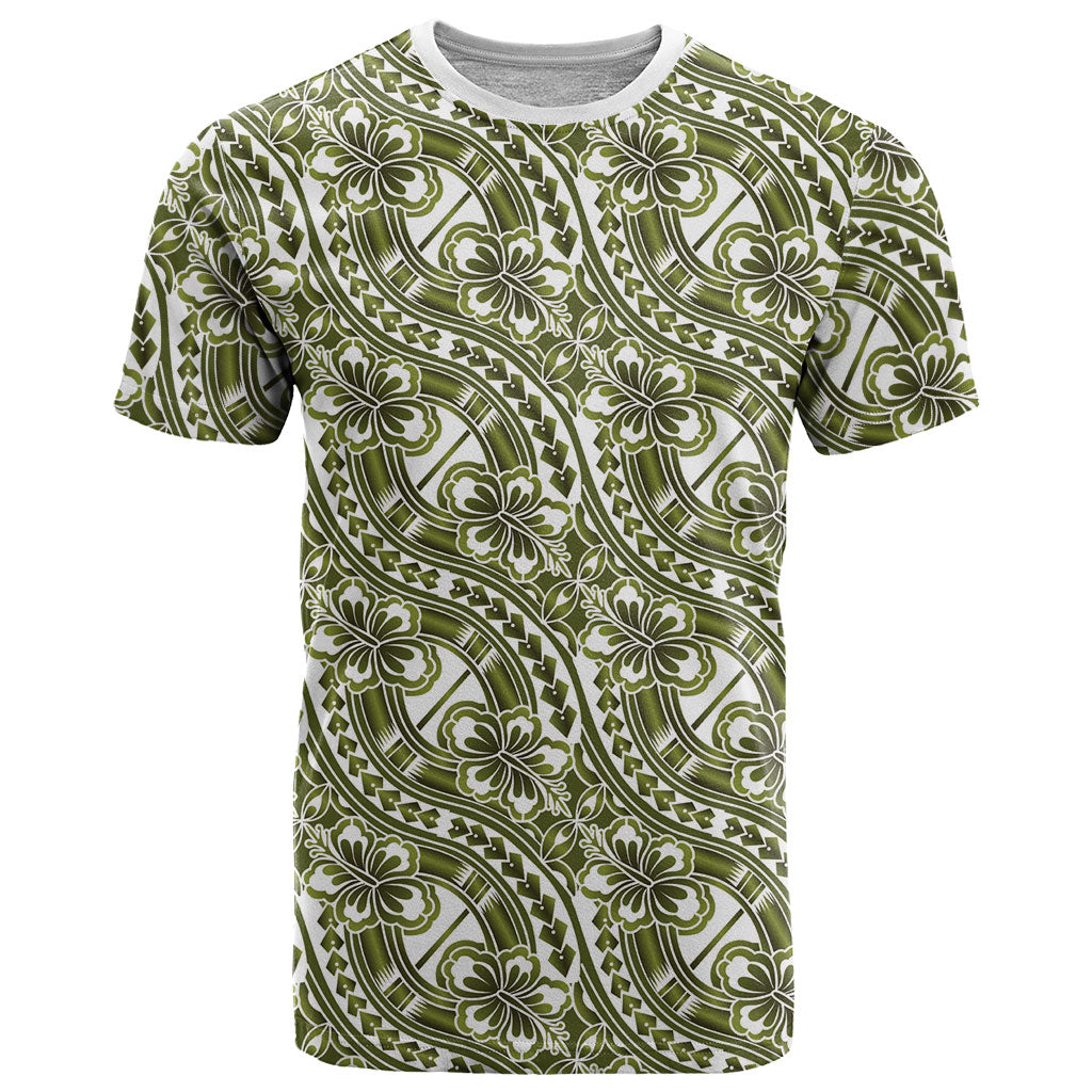 Hibiscus Bloom Island Tribal Waves T Shirt Olive Green Polynesian Pattern