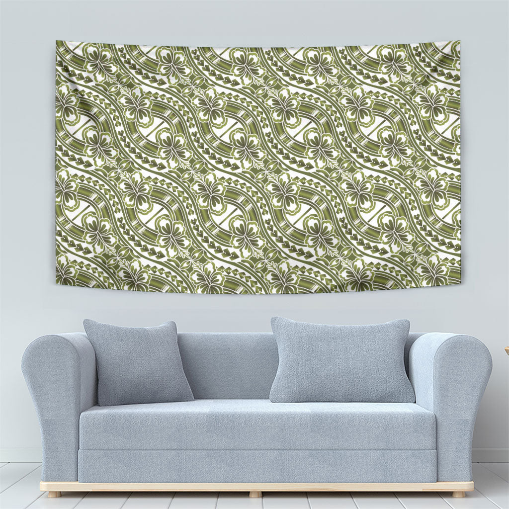 Hibiscus Bloom Island Tribal Waves Tapestry Olive Green Polynesian Pattern LT01 - Polynesian Pride