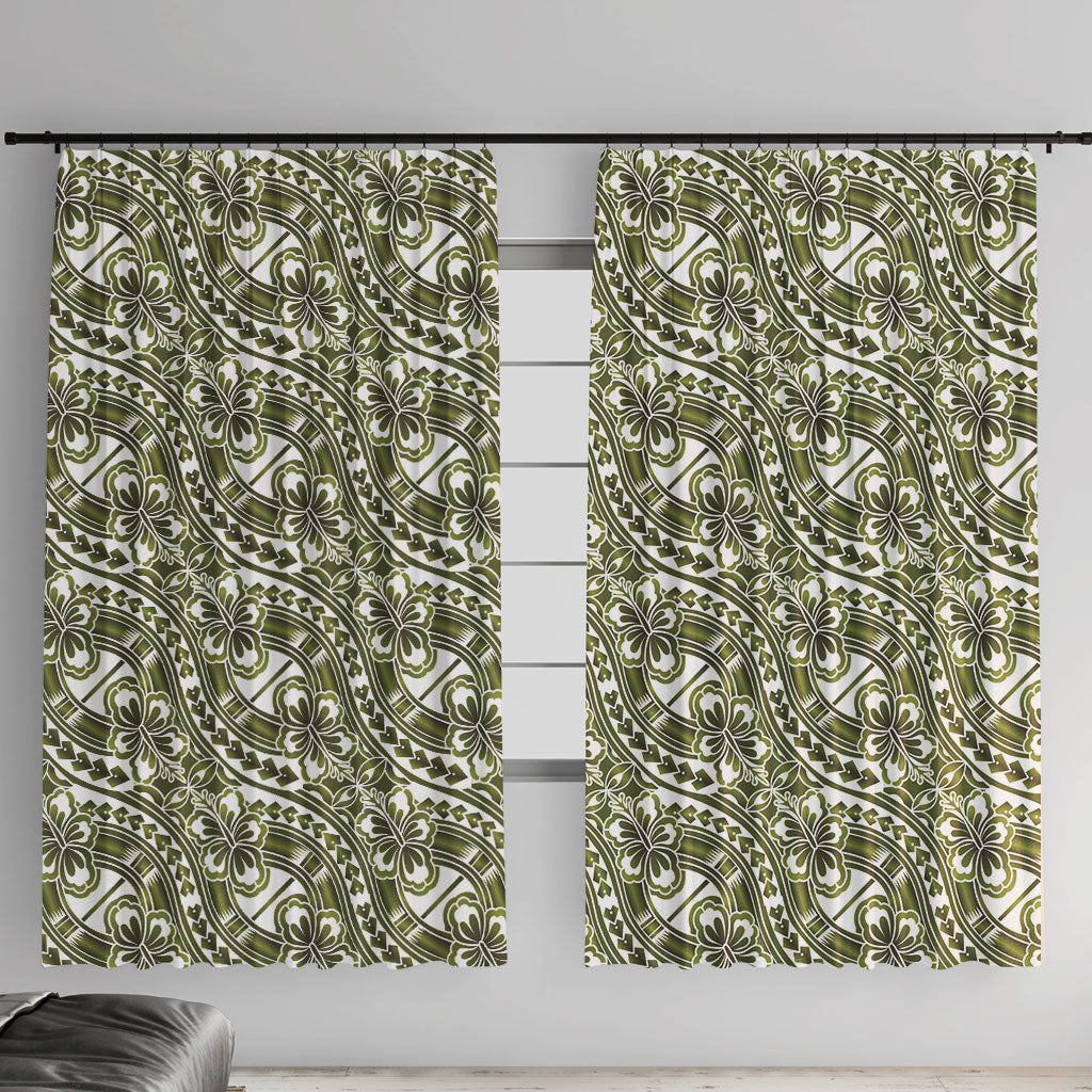 Hibiscus Bloom Island Tribal Waves Window Curtain Olive Green Polynesian Pattern LT01 With Hooks Olive Green - Polynesian Pride