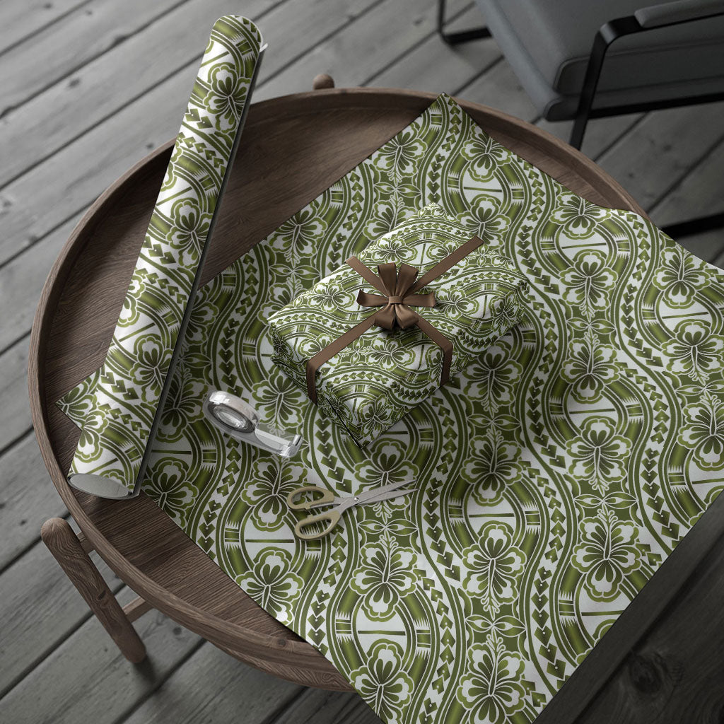 Hibiscus Bloom Island Tribal Waves Wrapping Paper Olive Green Polynesian Pattern LT01 - Polynesian Pride