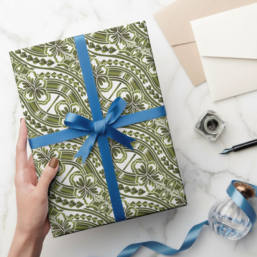 Hibiscus Bloom Island Tribal Waves Wrapping Paper Olive Green Polynesian Pattern LT01 - Polynesian Pride