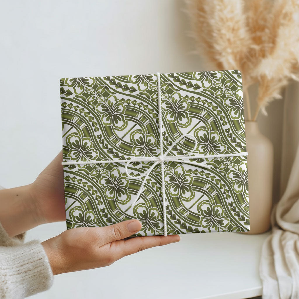 Hibiscus Bloom Island Tribal Waves Wrapping Paper Olive Green Polynesian Pattern LT01 - Polynesian Pride