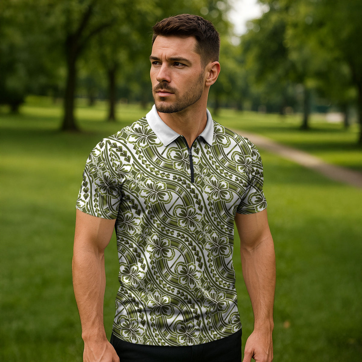 Hibiscus Bloom Island Tribal Waves Zipper Polo Shirt Olive Green Polynesian Pattern LT01 - Polynesian Pride