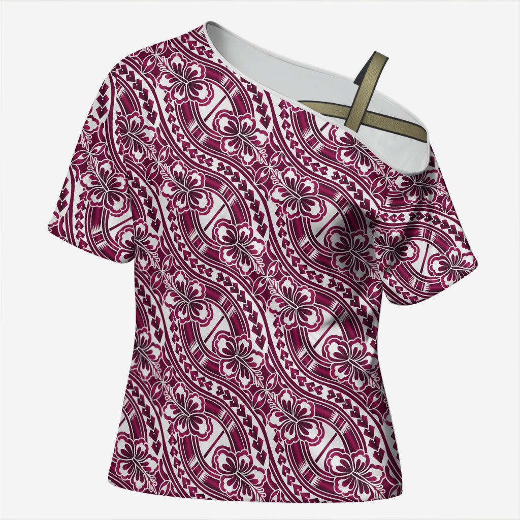 Hibiscus Bloom Island Tribal Waves Cross Shoulder Shirt Pink Polynesian Pattern