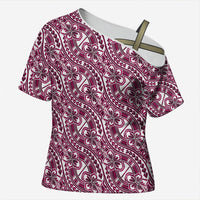 Hibiscus Bloom Island Tribal Waves Cross Shoulder Shirt Pink Polynesian Pattern