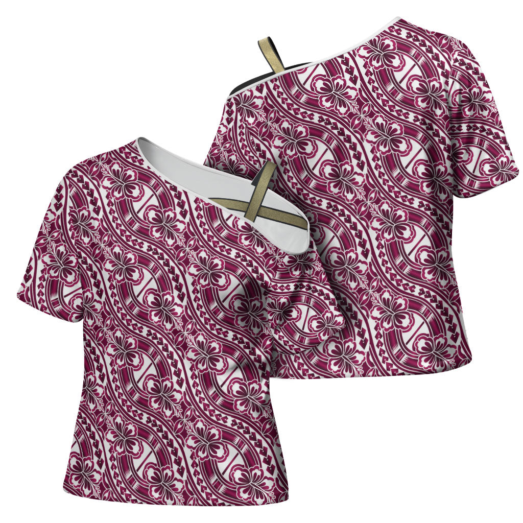 Hibiscus Bloom Island Tribal Waves Cross Shoulder Shirt Pink Polynesian Pattern