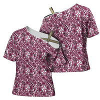 Hibiscus Bloom Island Tribal Waves Cross Shoulder Shirt Pink Polynesian Pattern
