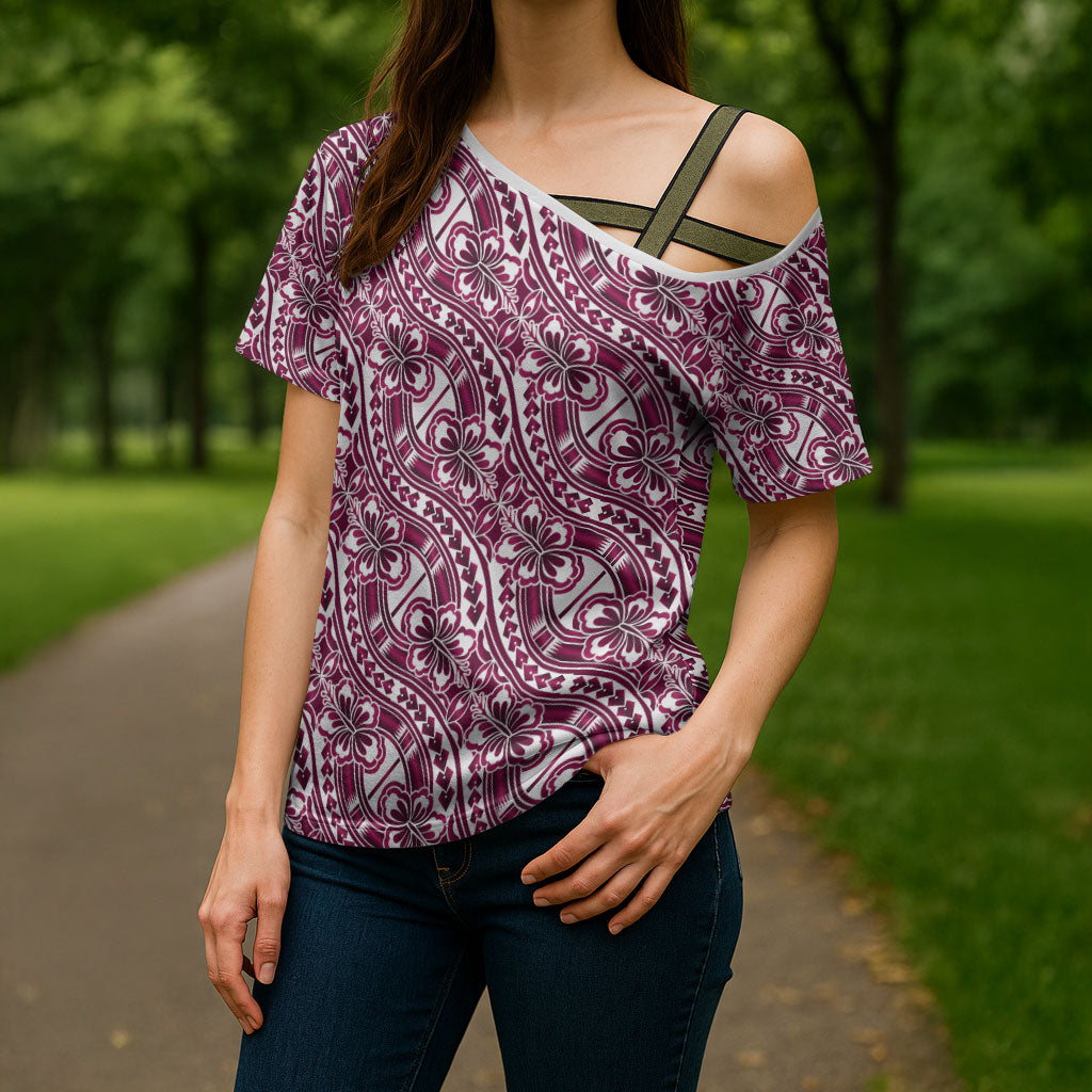 Hibiscus Bloom Island Tribal Waves Cross Shoulder Shirt Pink Polynesian Pattern