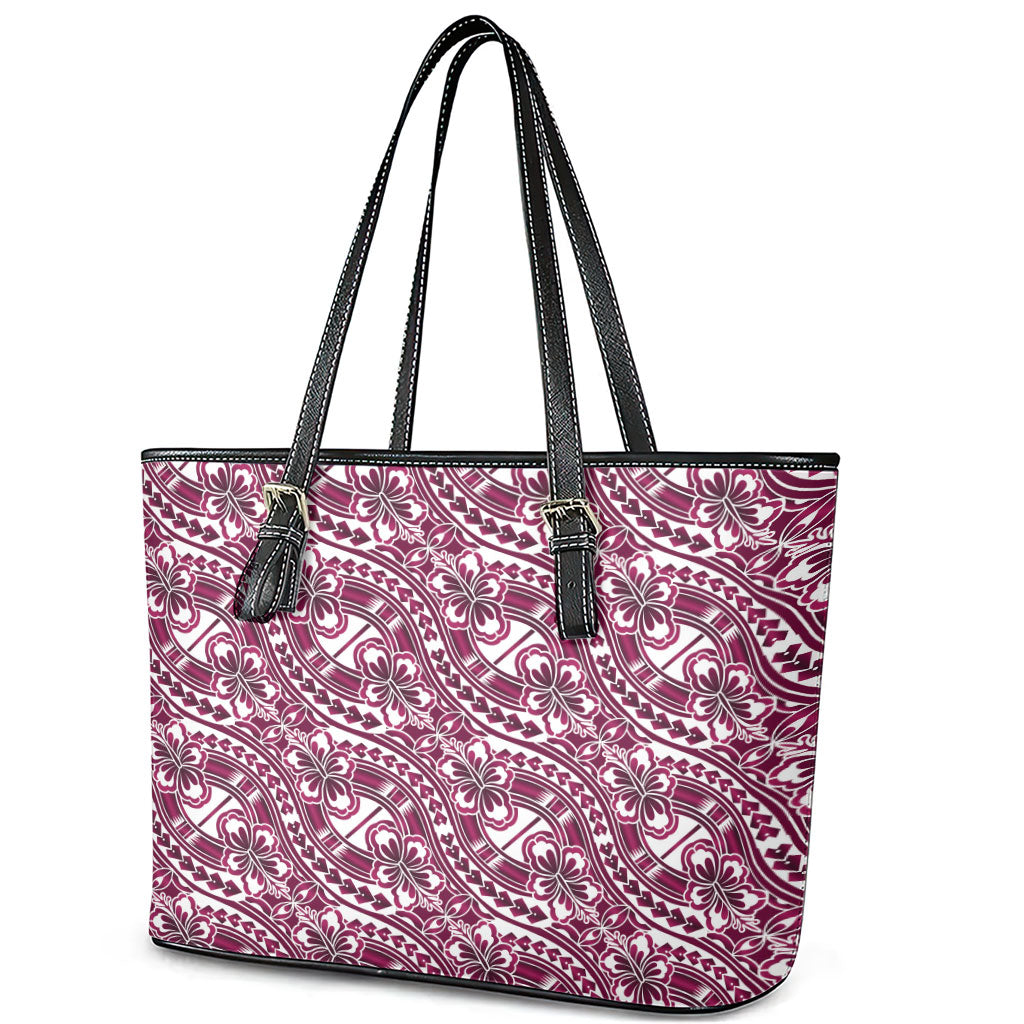 Hibiscus Bloom Island Tribal Waves Leather Tote Bag Pink Polynesian Pattern LT01 - Polynesian Pride