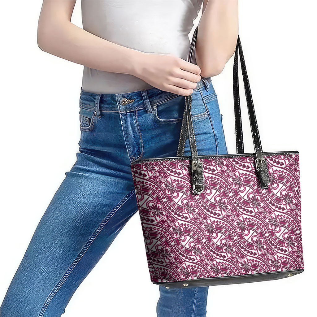 Hibiscus Bloom Island Tribal Waves Leather Tote Bag Pink Polynesian Pattern LT01 - Polynesian Pride
