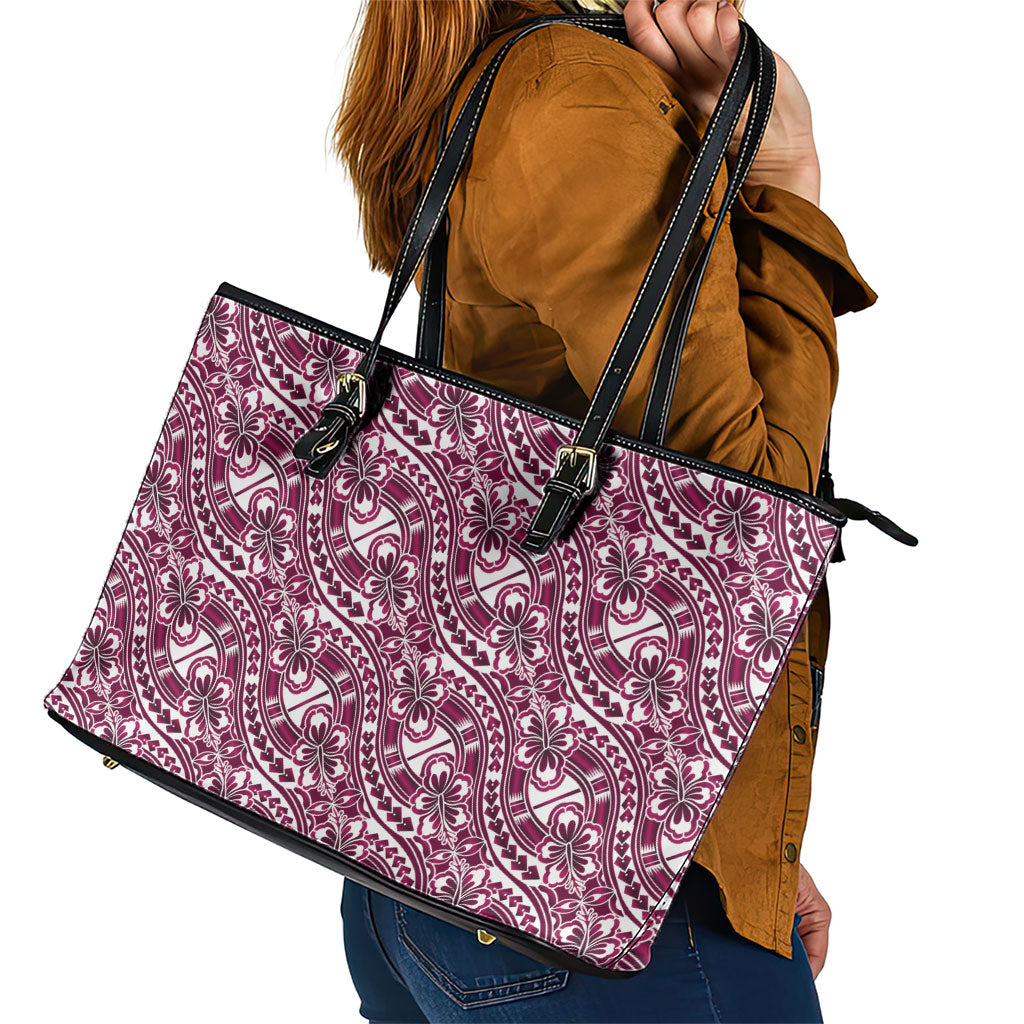 Hibiscus Bloom Island Tribal Waves Leather Tote Bag Pink Polynesian Pattern LT01 - Polynesian Pride