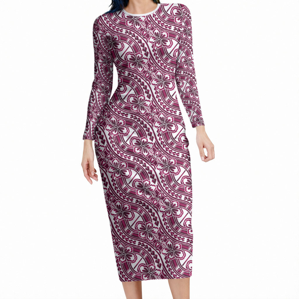 Hibiscus Bloom Island Tribal Waves Long Sleeve Bodycon Dress Pink Polynesian Pattern