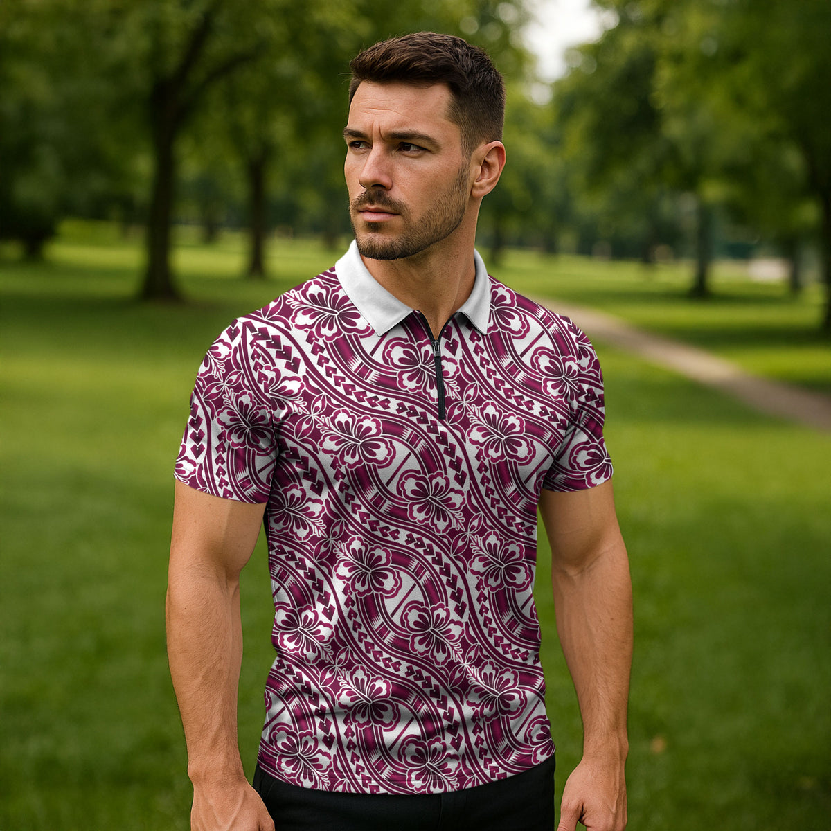 Hibiscus Bloom Island Tribal Waves Zipper Polo Shirt Pink Polynesian Pattern LT01 - Polynesian Pride