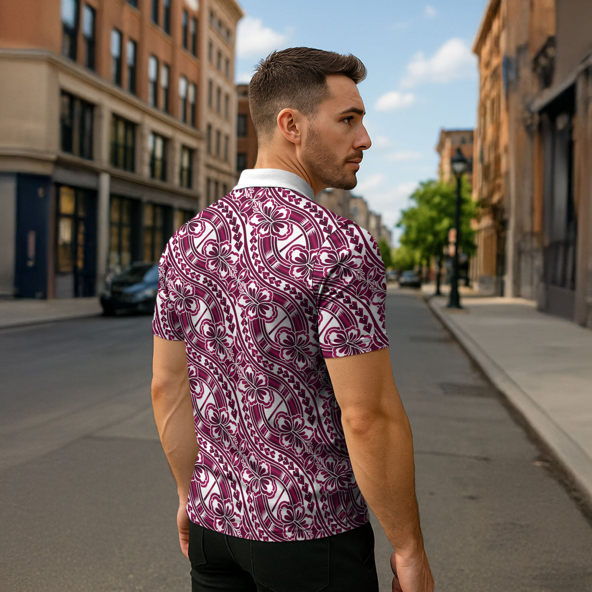 Hibiscus Bloom Island Tribal Waves Zipper Polo Shirt Pink Polynesian Pattern LT01 - Polynesian Pride