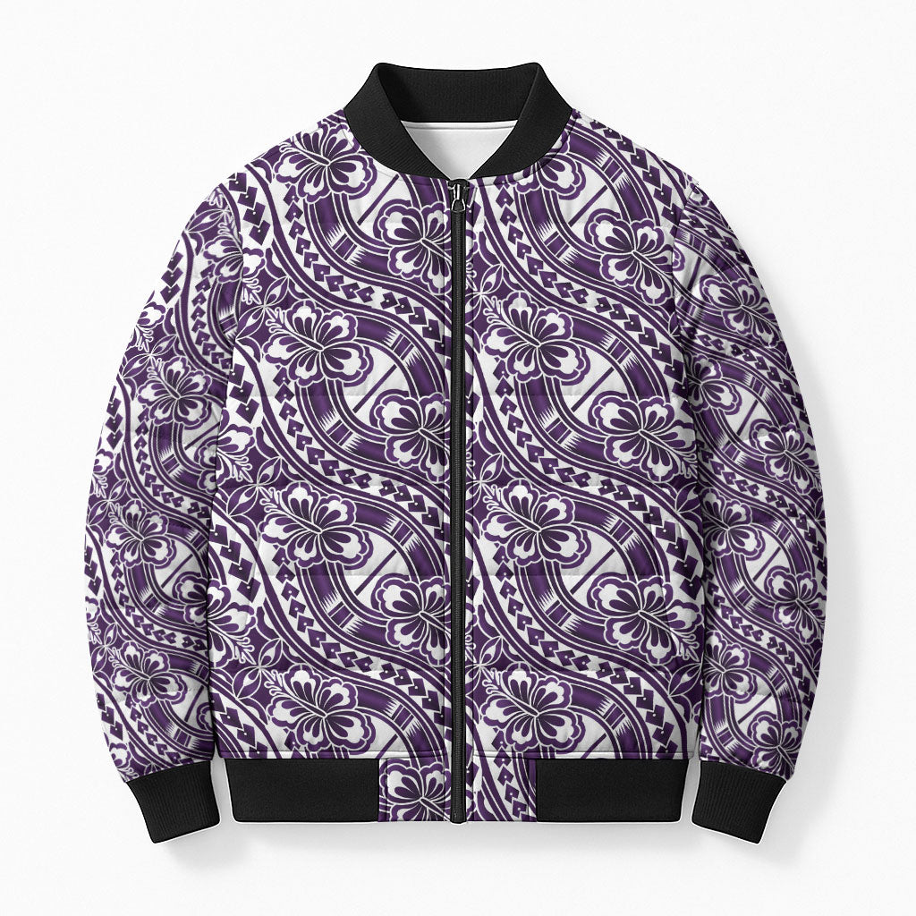 Hibiscus Bloom Island Tribal Waves Bomber Puffer Jacket Purple Polynesian Pattern