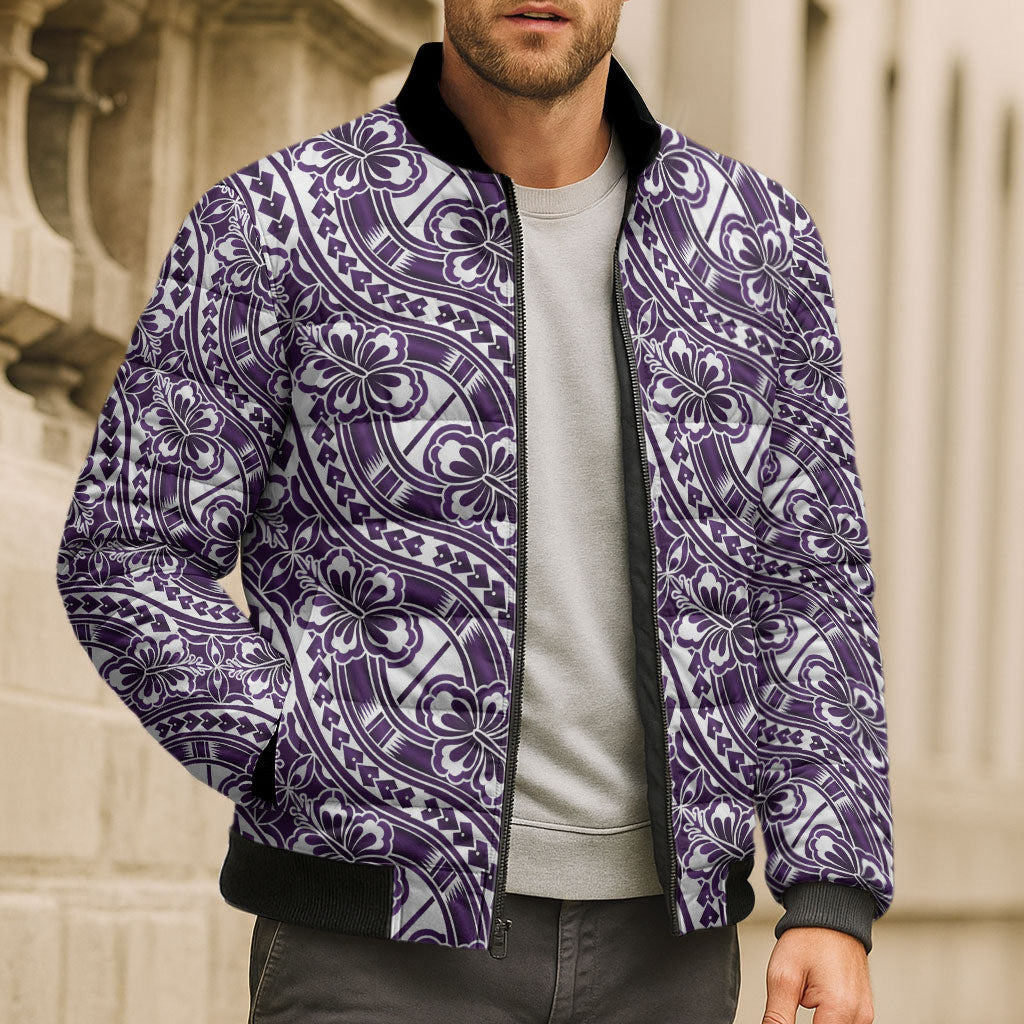 Hibiscus Bloom Island Tribal Waves Bomber Puffer Jacket Purple Polynesian Pattern