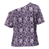 Hibiscus Bloom Island Tribal Waves Cross Shoulder Shirt Purple Polynesian Pattern LT01 - Polynesian Pride