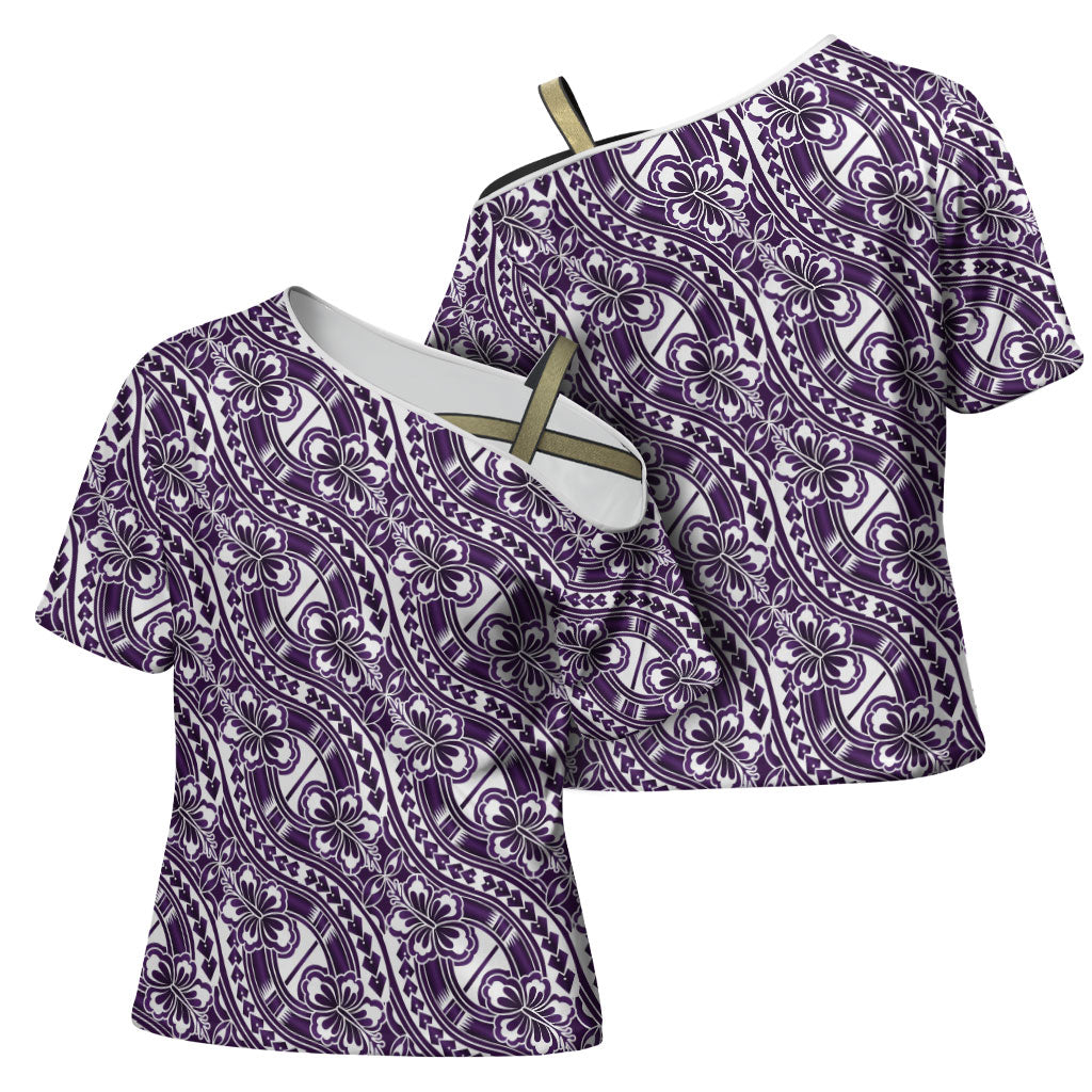 Hibiscus Bloom Island Tribal Waves Cross Shoulder Shirt Purple Polynesian Pattern LT01 - Polynesian Pride
