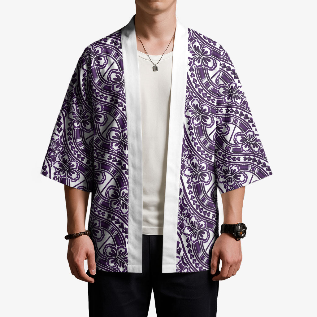 Hibiscus Bloom Island Tribal Waves Kimono Purple Polynesian Pattern