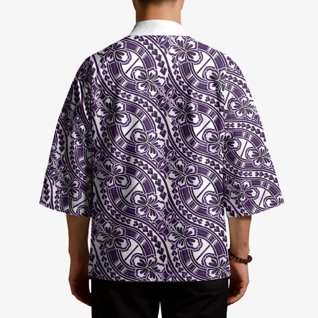Hibiscus Bloom Island Tribal Waves Kimono Purple Polynesian Pattern