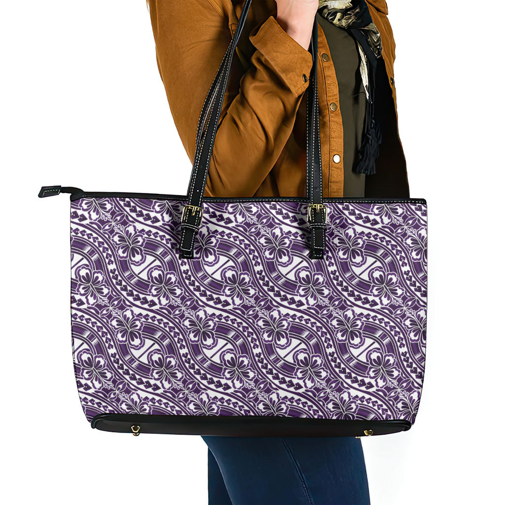 Hibiscus Bloom Island Tribal Waves Leather Tote Bag Purple Polynesian Pattern LT01 - Polynesian Pride