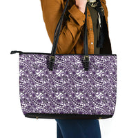 Hibiscus Bloom Island Tribal Waves Leather Tote Bag Purple Polynesian Pattern LT01 - Polynesian Pride